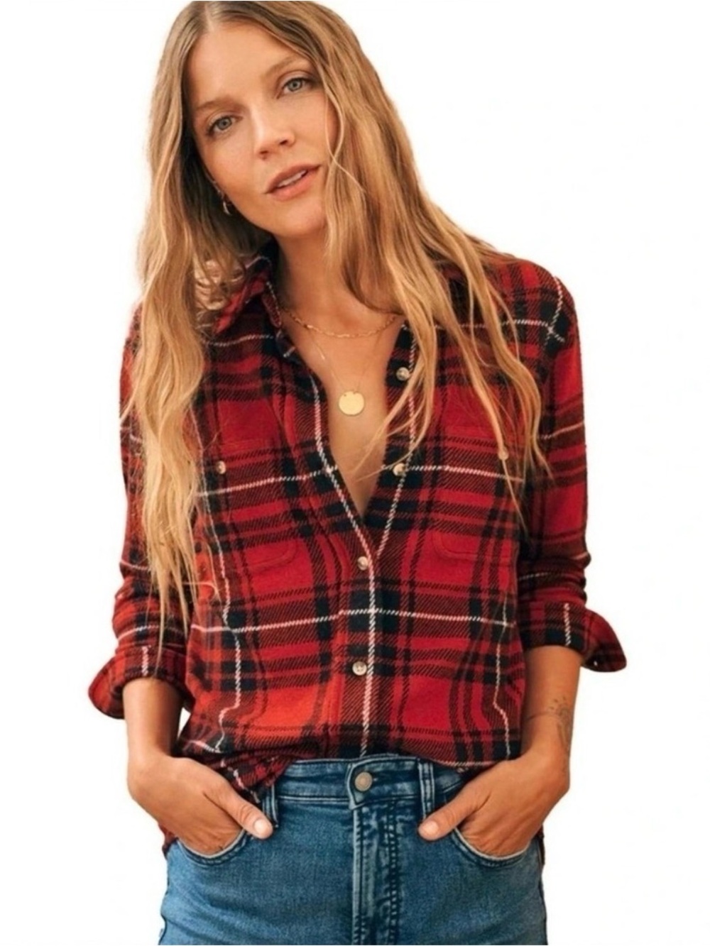 Faherty Legend Knit Plaid Button Down Flannel Shirt Red Black Small